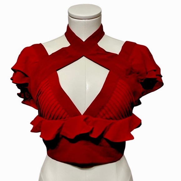 NASTY GAL Tango red deep v neck ruffled flutter sleeve criss cross halter crop - Picture 7 of 7